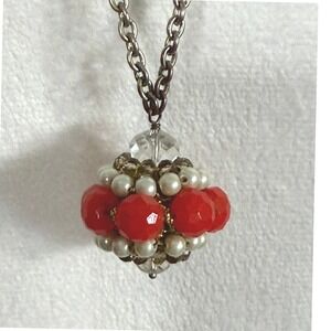 Coral Bead Pearl Cluster Pendant Necklace 36 Inch Chain Retro Vintage Style